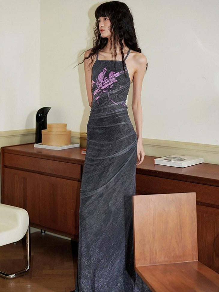 badtaste Vintage Neo Chinese Print Backless Women's Mesh Bodycon Maxi Dresses