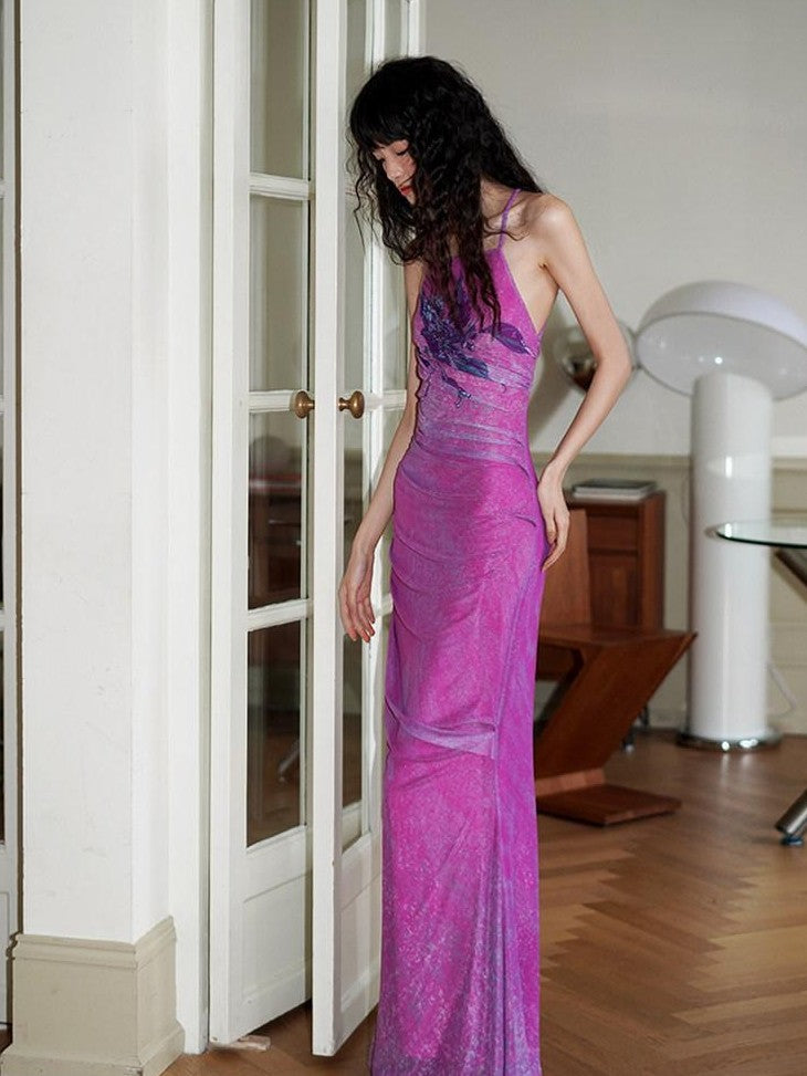 badtaste Vintage Neo Chinese Print Backless Women's Mesh Bodycon Maxi Dresses