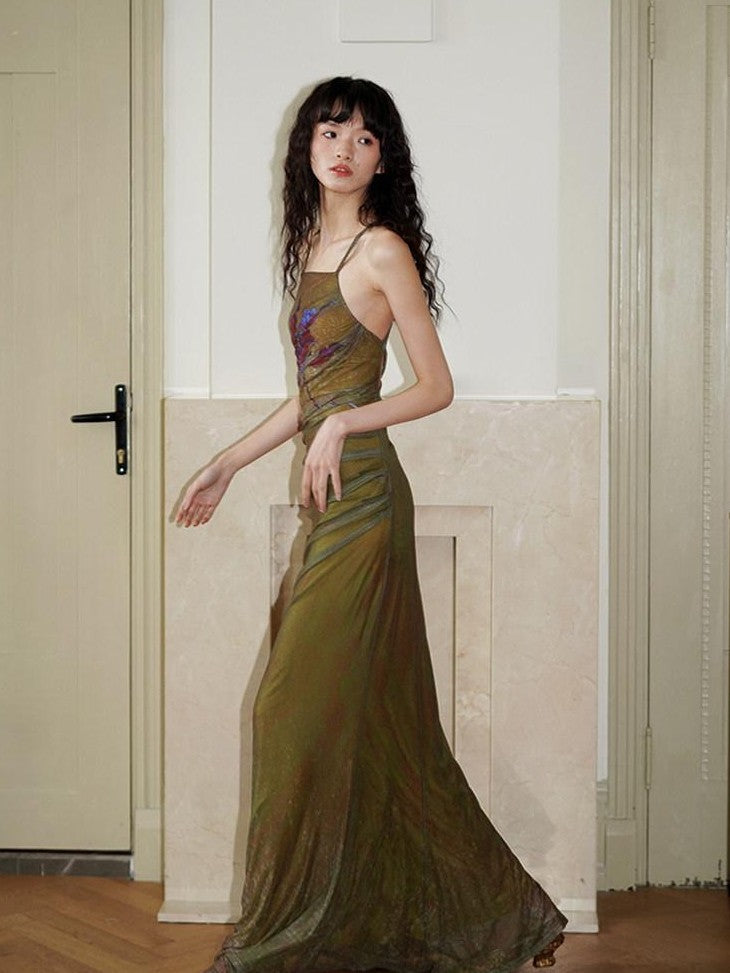 badtaste Vintage Neo Chinese Print Backless Women's Mesh Bodycon Maxi Dresses