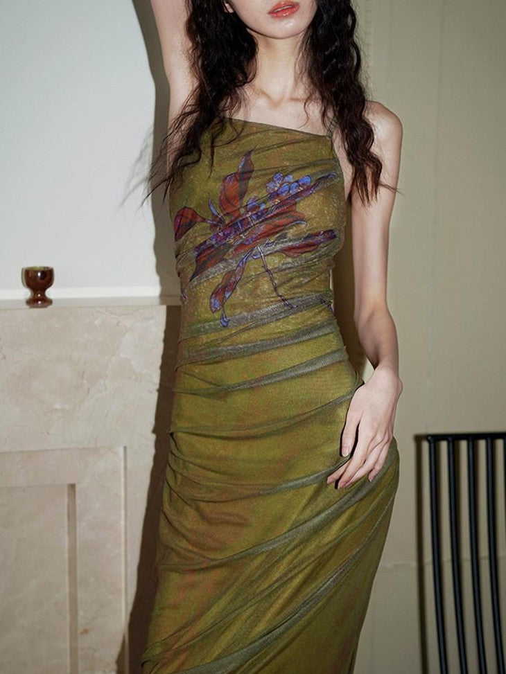 badtaste Vintage Neo Chinese Print Backless Women's Mesh Bodycon Maxi Dresses