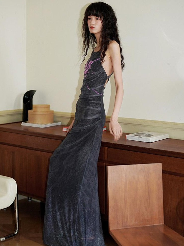 badtaste Vintage Neo Chinese Print Backless Women's Mesh Bodycon Maxi Dresses