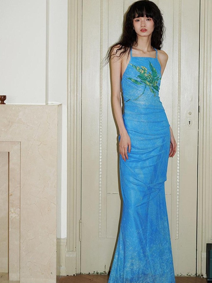 badtaste Vintage Neo Chinese Print Backless Women's Mesh Bodycon Maxi Dresses
