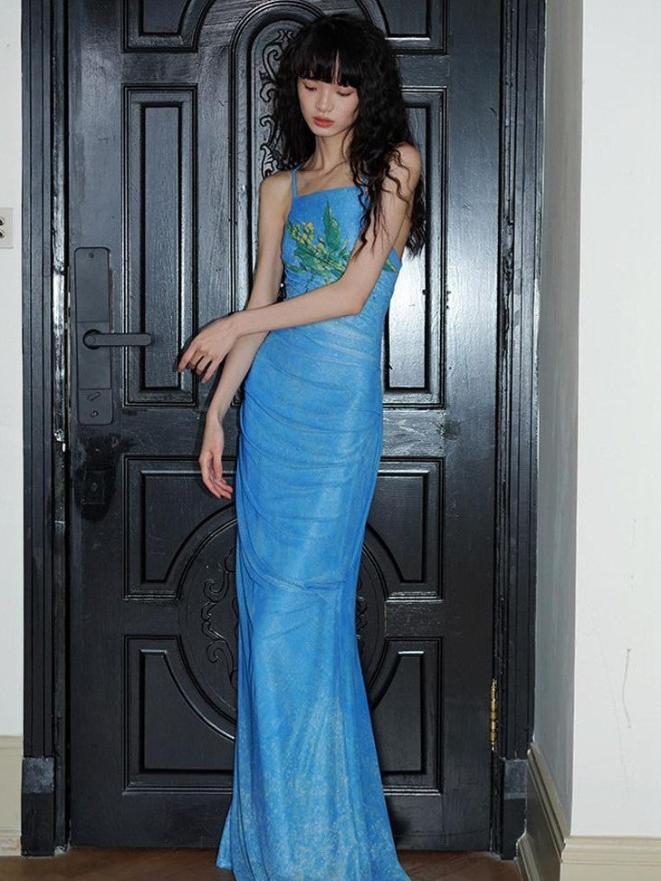 badtaste Vintage Neo Chinese Print Backless Women's Mesh Bodycon Maxi Dresses