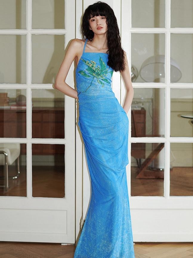 badtaste Vintage Neo Chinese Print Backless Women's Mesh Bodycon Maxi Dresses
