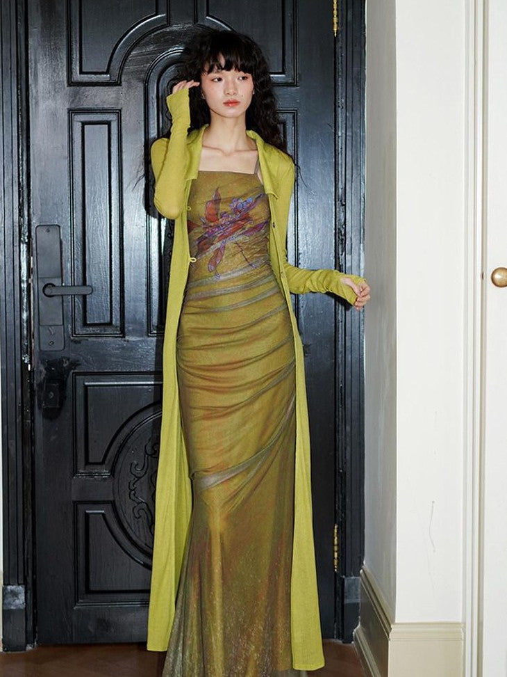 badtaste Vintage Neo Chinese Print Backless Women's Mesh Bodycon Maxi Dresses