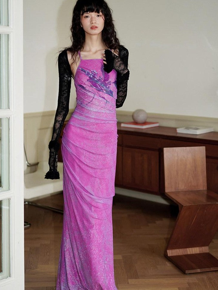 badtaste Vintage Neo Chinese Print Backless Women's Mesh Bodycon Maxi Dresses
