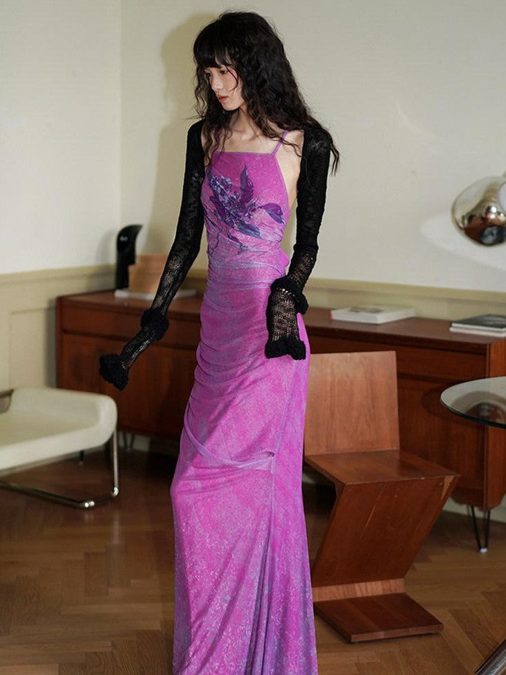 badtaste Vintage Neo Chinese Print Backless Women's Mesh Bodycon Maxi Dresses