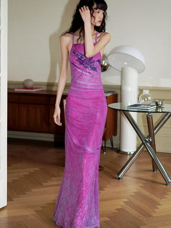 badtaste Vintage Neo Chinese Print Backless Women's Mesh Bodycon Maxi Dresses