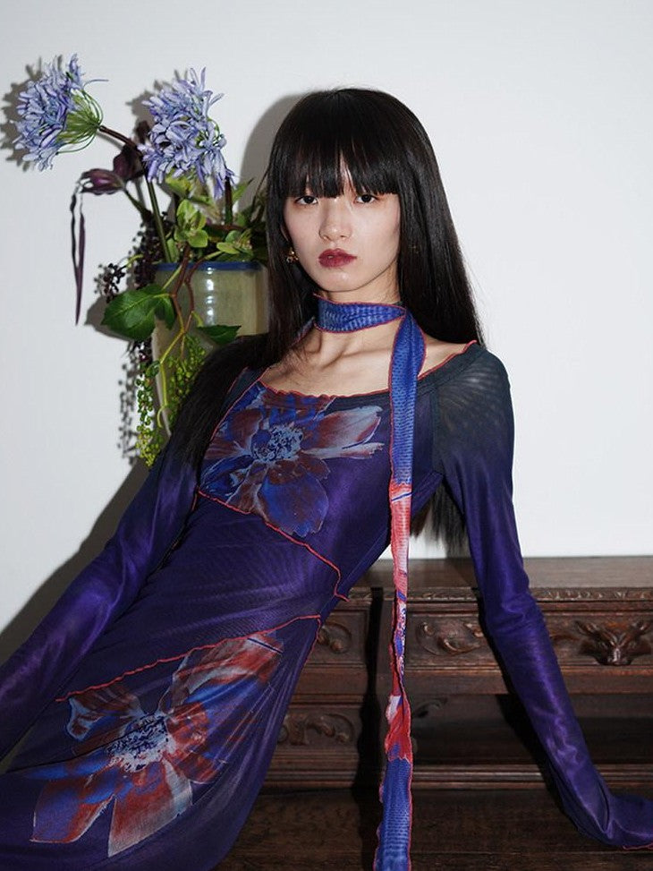 badtaste Vintage New Chinese Printed Convertible Slim Women's Mesh Strapless Maxi Dresses