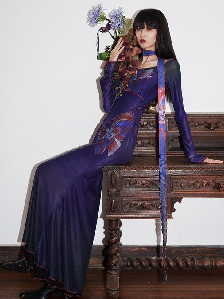 badtaste Vintage New Chinese Printed Convertible Slim Women's Mesh Strapless Maxi Dresses