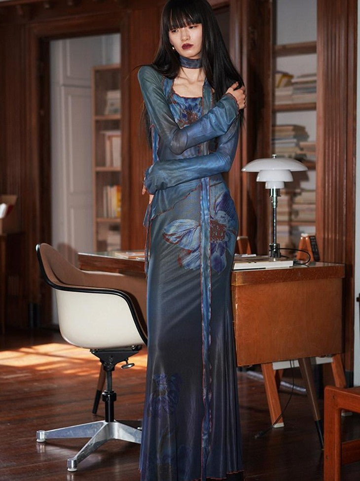 badtaste Vintage New Chinese Printed Convertible Slim Women's Mesh Strapless Maxi Dresses