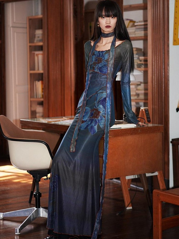 badtaste Vintage New Chinese Printed Convertible Slim Women's Mesh Strapless Maxi Dresses