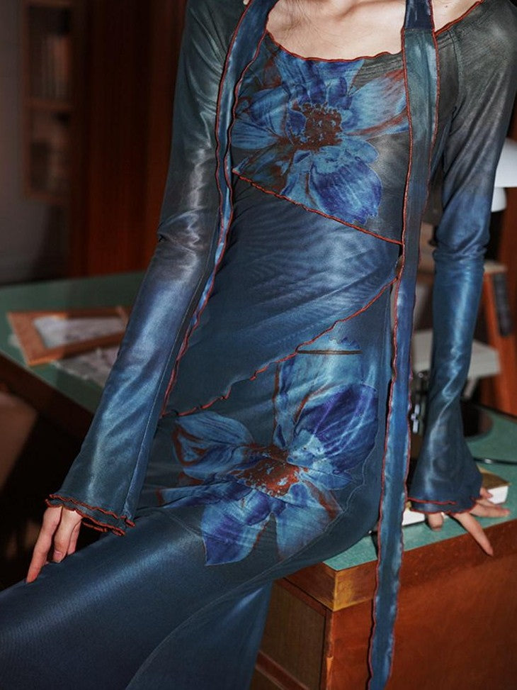 badtaste Vintage New Chinese Printed Convertible Slim Women's Mesh Strapless Maxi Dresses