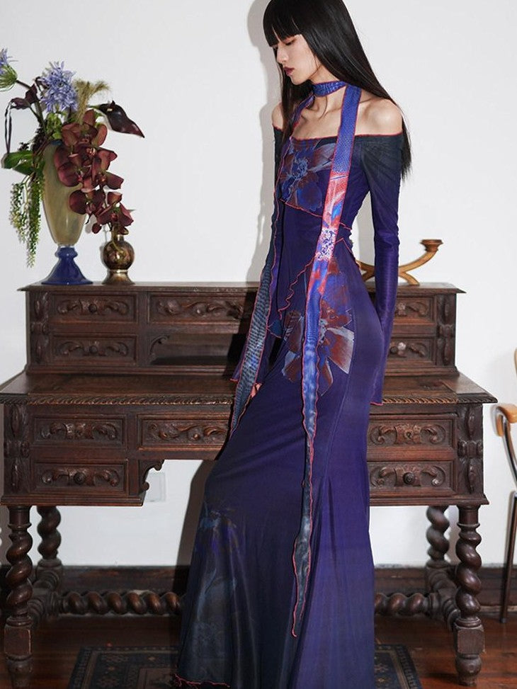badtaste Vintage New Chinese Printed Convertible Slim Women's Mesh Strapless Maxi Dresses