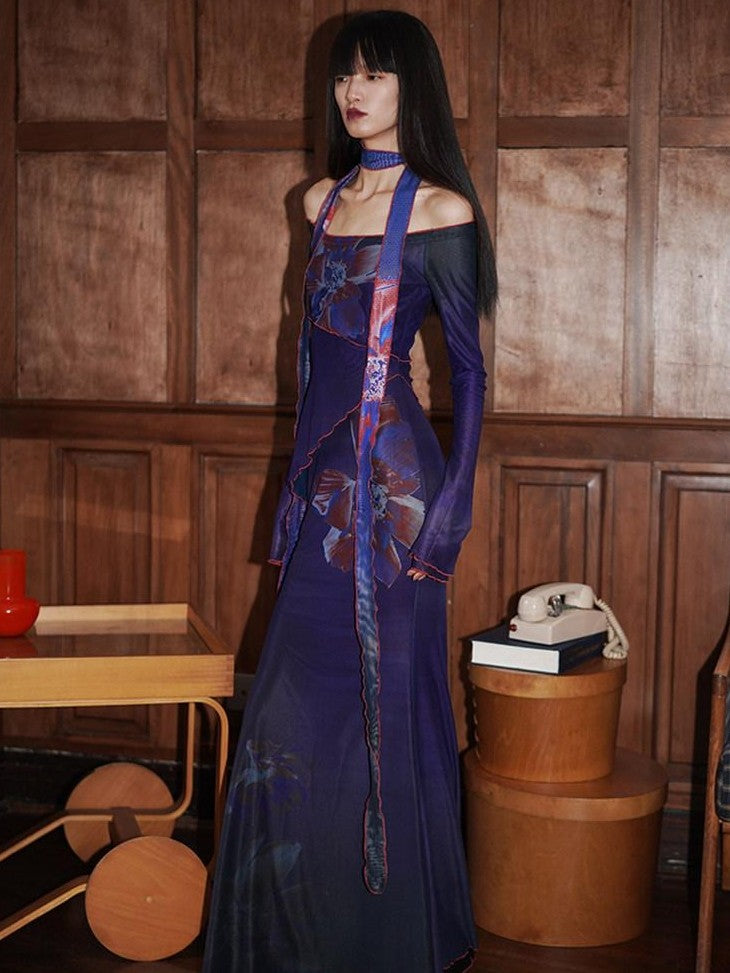 badtaste Vintage New Chinese Printed Convertible Slim Women's Mesh Strapless Maxi Dresses