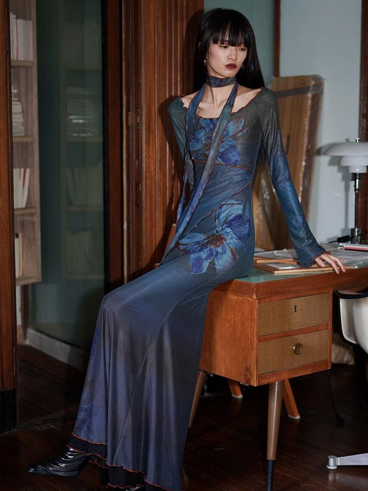 badtaste Vintage New Chinese Printed Convertible Slim Women's Mesh Strapless Maxi Dresses