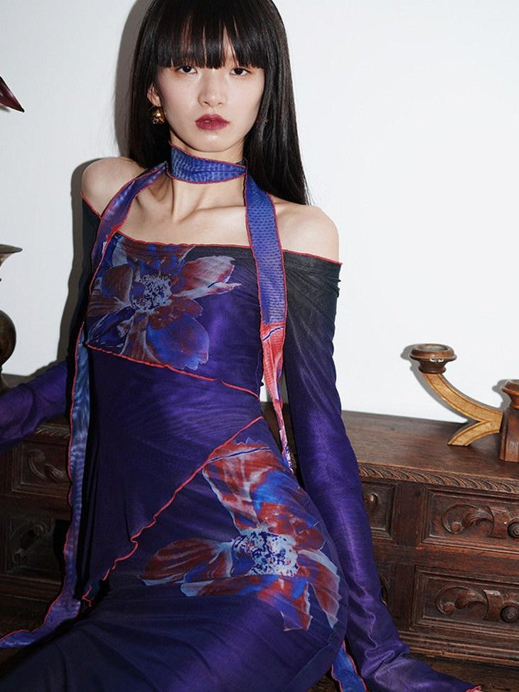 badtaste Vintage New Chinese Printed Convertible Slim Women's Mesh Strapless Maxi Dresses