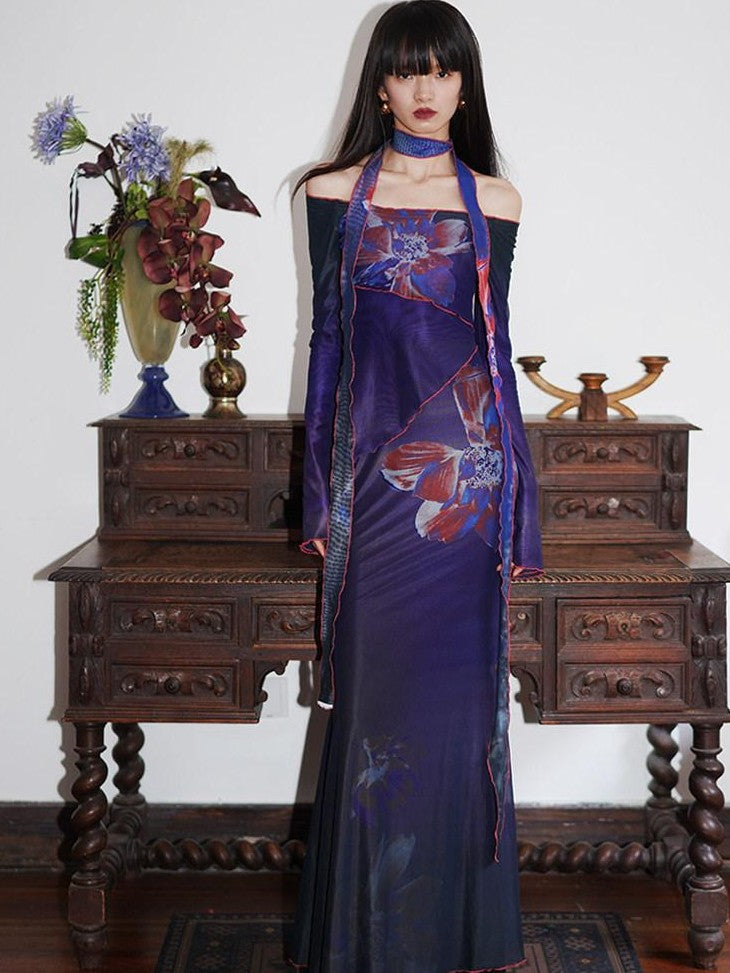 badtaste Vintage New Chinese Printed Convertible Slim Women's Mesh Strapless Maxi Dresses