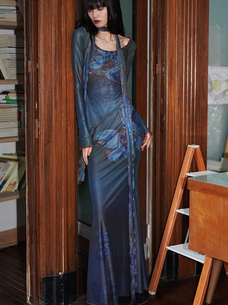 badtaste Vintage New Chinese Printed Convertible Slim Women's Mesh Strapless Maxi Dresses