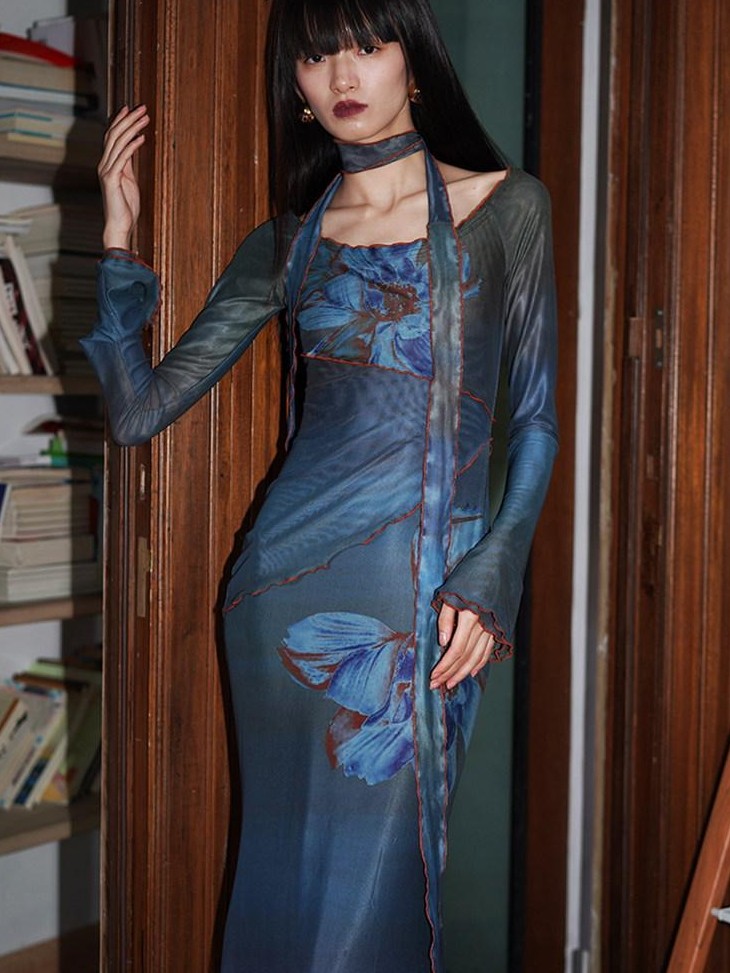 badtaste Vintage New Chinese Printed Convertible Slim Women's Mesh Strapless Maxi Dresses