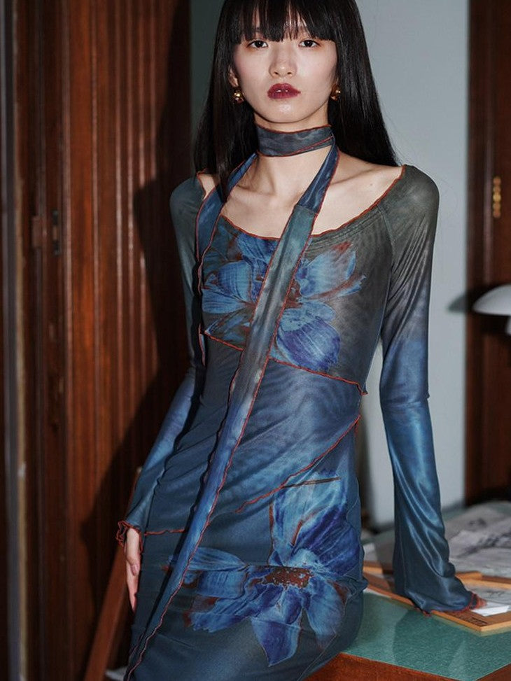badtaste Vintage New Chinese Printed Convertible Slim Women's Mesh Strapless Maxi Dresses