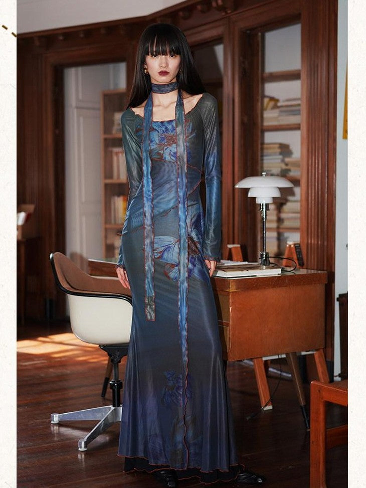 badtaste Vintage New Chinese Printed Convertible Slim Women's Mesh Strapless Maxi Dresses