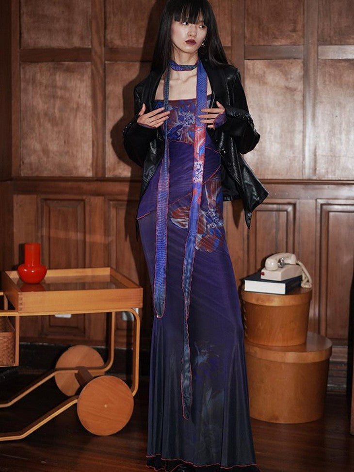 badtaste Vintage New Chinese Printed Convertible Slim Women's Mesh Strapless Maxi Dresses