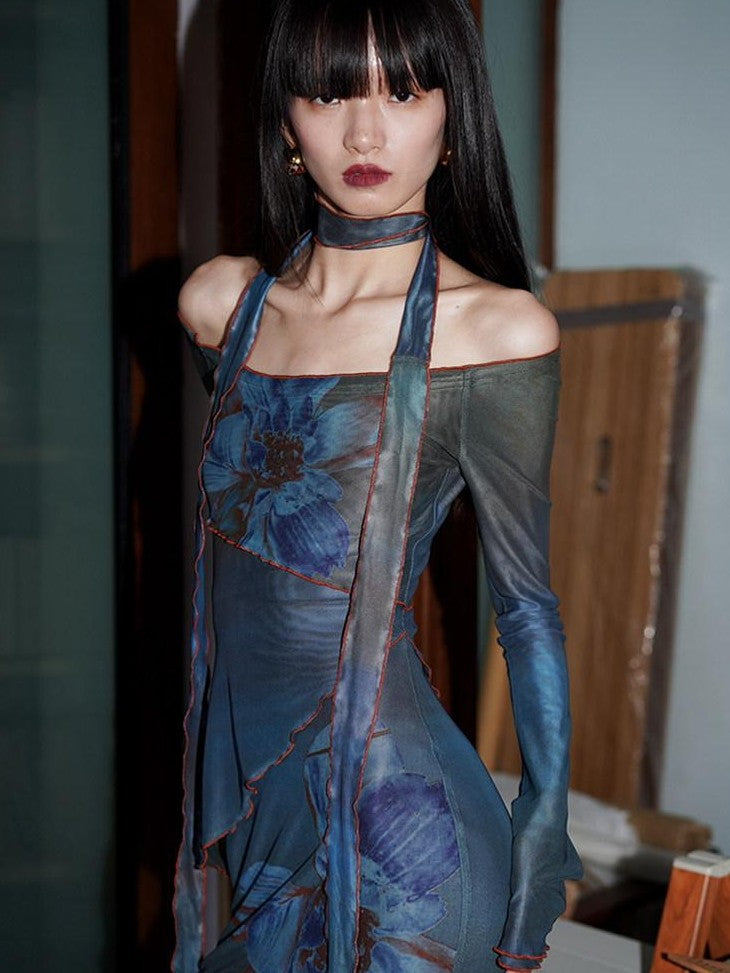badtaste Vintage New Chinese Printed Convertible Slim Women's Mesh Strapless Maxi Dresses