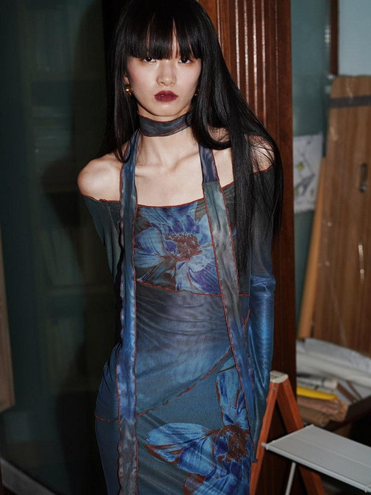badtaste Vintage New Chinese Printed Convertible Slim Women's Mesh Strapless Maxi Dresses