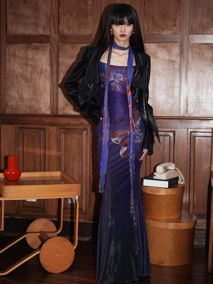 badtaste Vintage New Chinese Printed Convertible Slim Women's Mesh Strapless Maxi Dresses