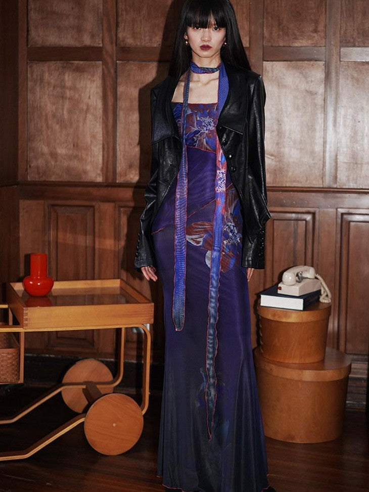 badtaste Vintage New Chinese Printed Convertible Slim Women's Mesh Strapless Maxi Dresses