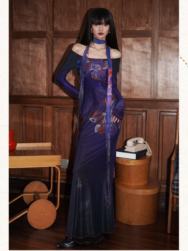 badtaste Vintage New Chinese Printed Convertible Slim Women's Mesh Strapless Maxi Dresses