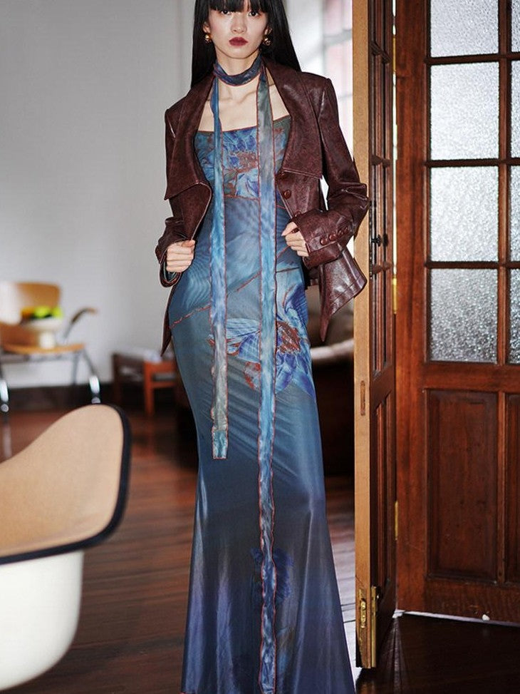badtaste Vintage New Chinese Printed Convertible Slim Women's Mesh Strapless Maxi Dresses