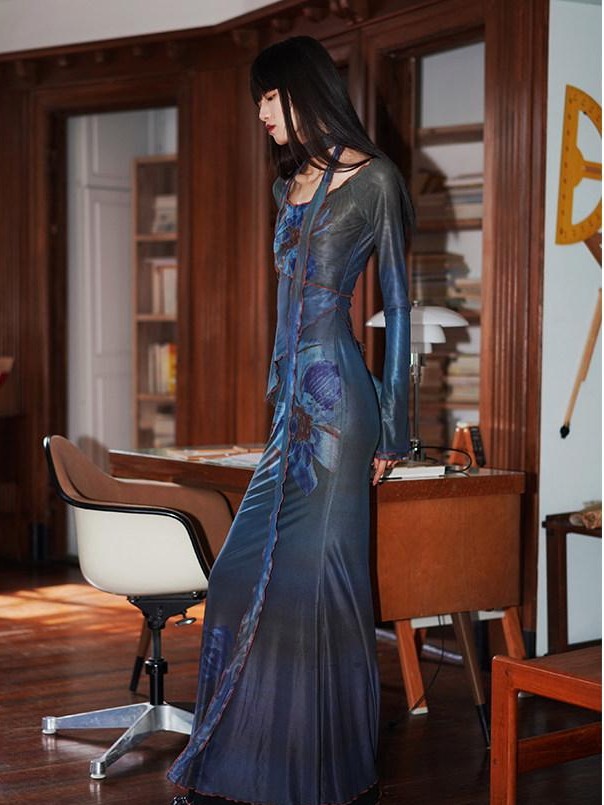 badtaste Vintage New Chinese Printed Convertible Slim Women's Mesh Strapless Maxi Dresses