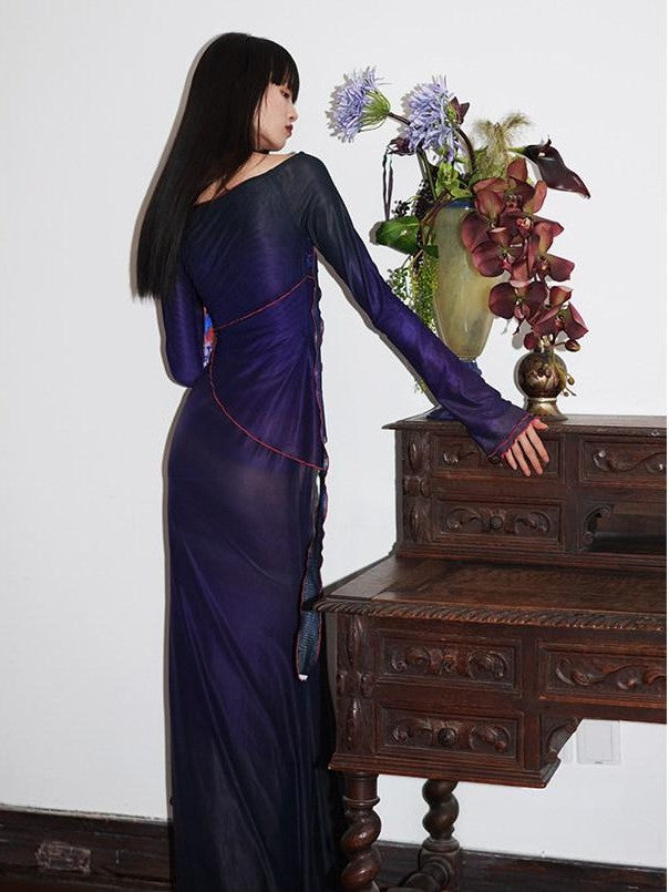 badtaste Vintage New Chinese Printed Convertible Slim Women's Mesh Strapless Maxi Dresses