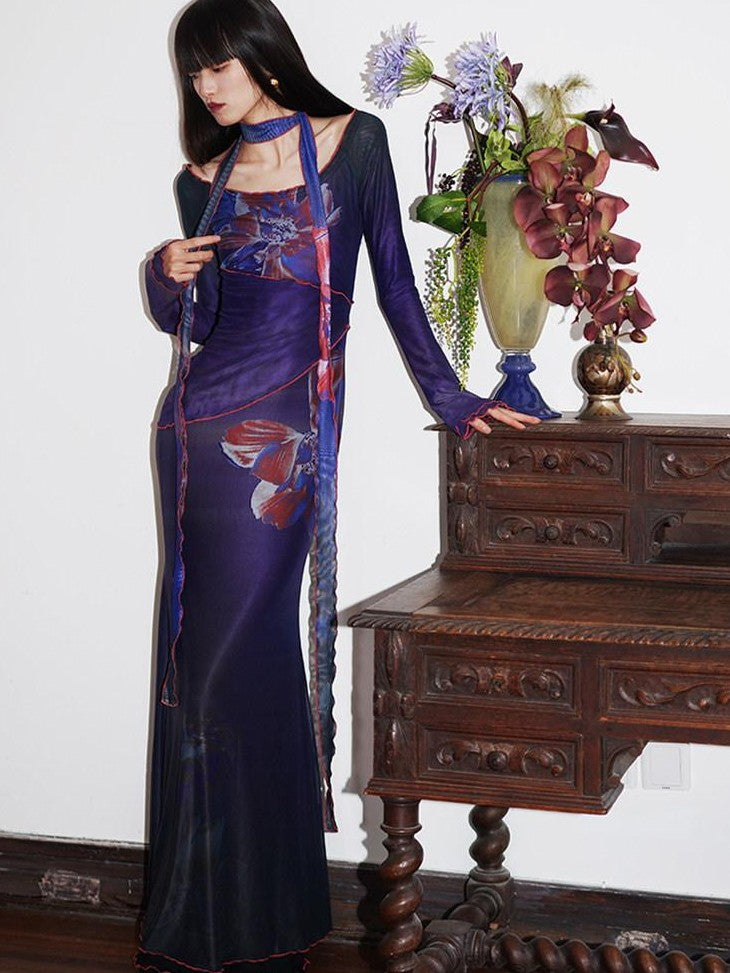 badtaste Vintage New Chinese Printed Convertible Slim Women's Mesh Strapless Maxi Dresses