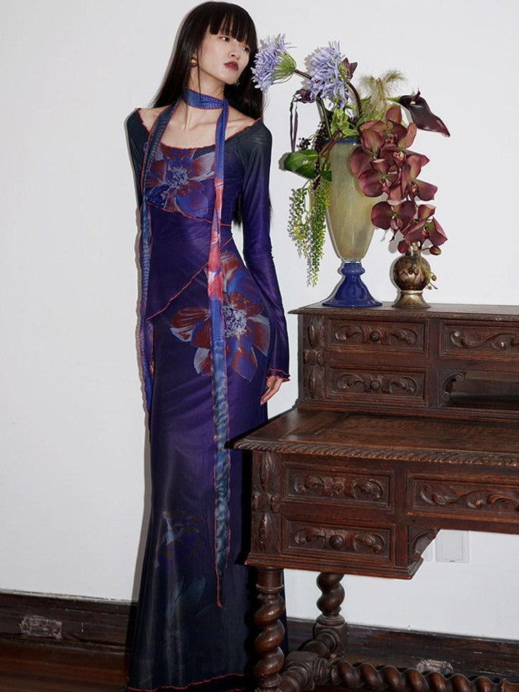 badtaste Vintage New Chinese Printed Convertible Slim Women's Mesh Strapless Maxi Dresses