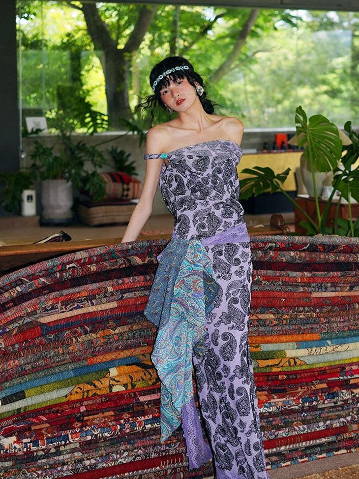 badtaste Vintage Paisley Multiway Structured Western Women's Strapless Maxi Dresses