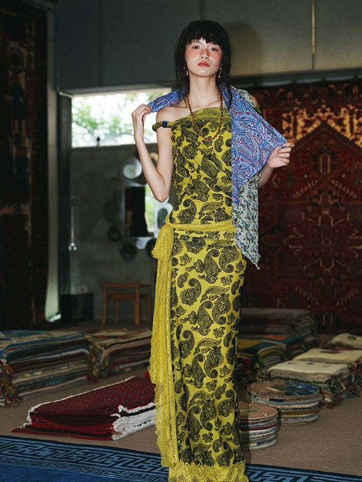 badtaste Vintage Paisley Multiway Structured Western Women's Strapless Maxi Dresses