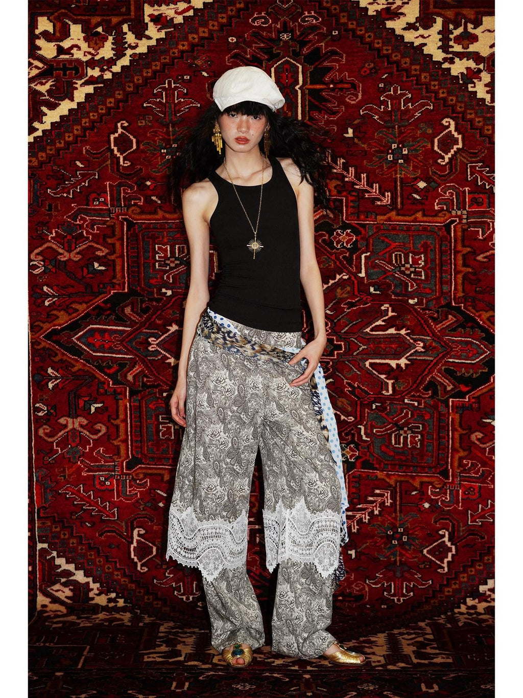 badtaste Vintage Paisley Patchwork Lace Faux Two Piece Women's Wide-leg Pants