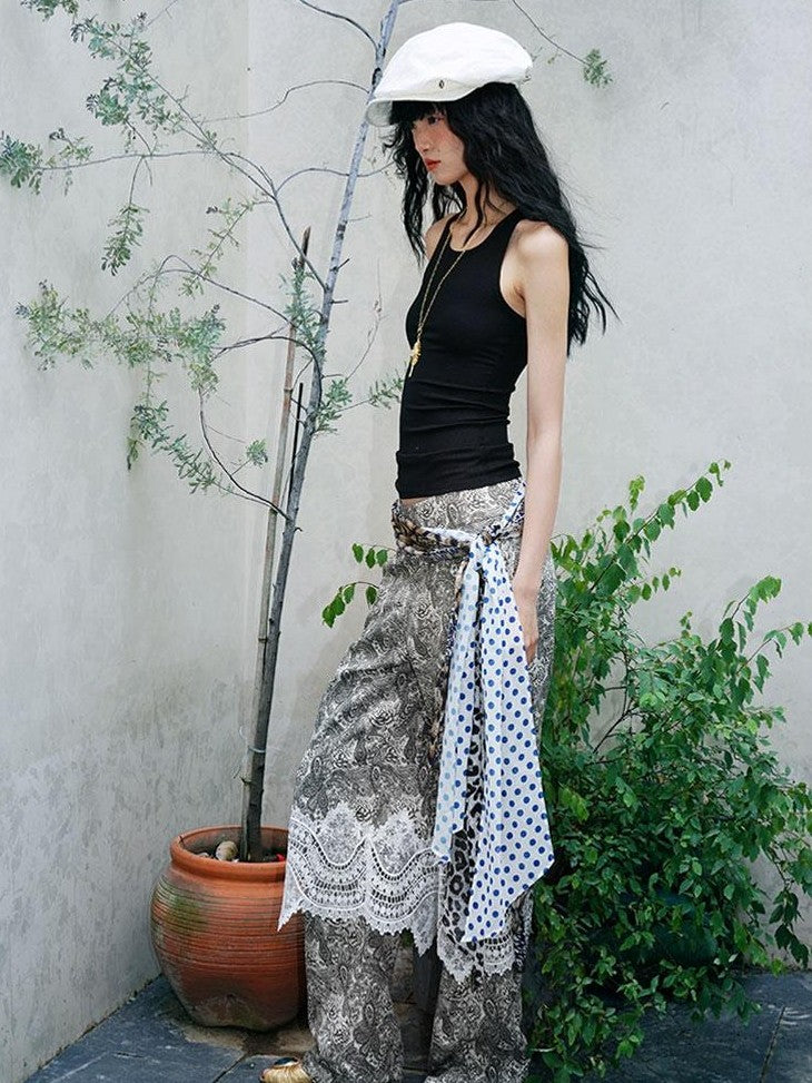 badtaste Vintage Paisley Patchwork Lace Faux Two Piece Women's Wide-leg Pants