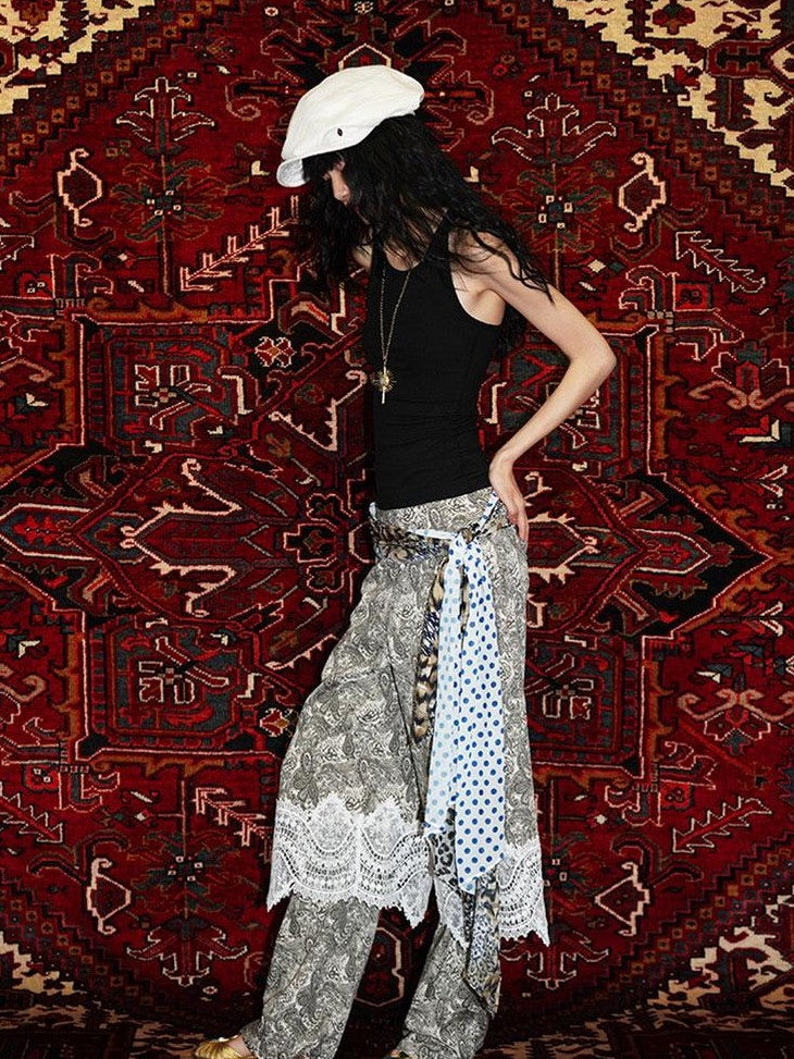 badtaste Vintage Paisley Patchwork Lace Faux Two Piece Women's Wide-leg Pants