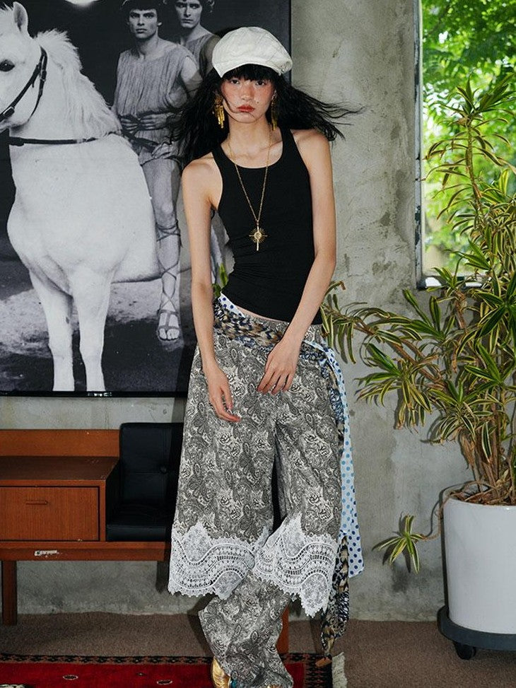 badtaste Vintage Paisley Patchwork Lace Faux Two Piece Women's Wide-leg Pants