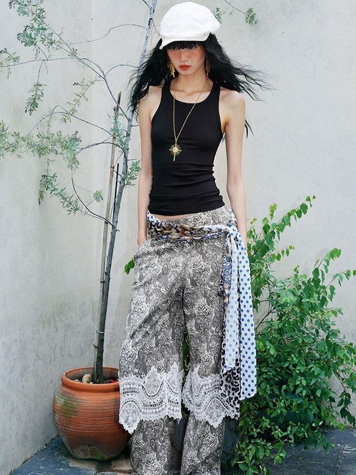badtaste Vintage Paisley Patchwork Lace Faux Two Piece Women's Wide-leg Pants