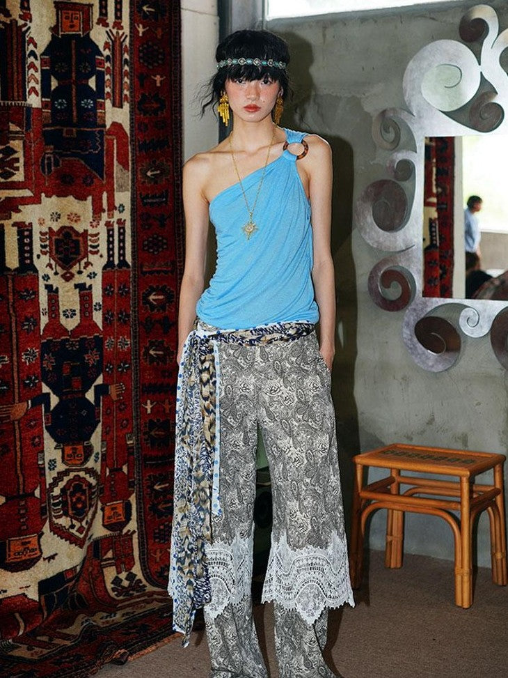 badtaste Vintage Paisley Patchwork Lace Faux Two Piece Women's Wide-leg Pants