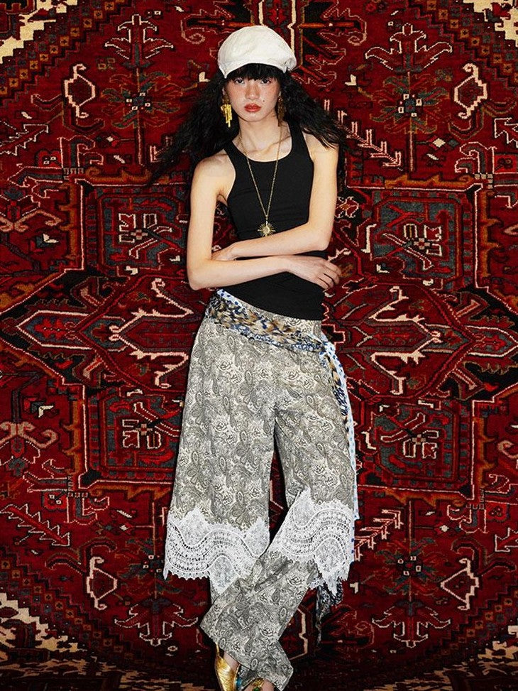 badtaste Vintage Paisley Patchwork Lace Faux Two Piece Women's Wide-leg Pants