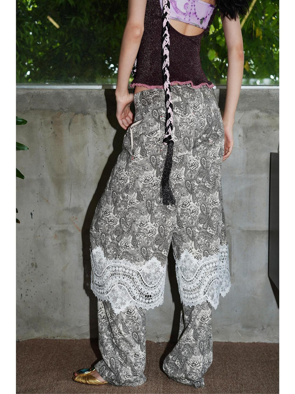 badtaste Vintage Paisley Patchwork Lace Faux Two Piece Women's Wide-leg Pants