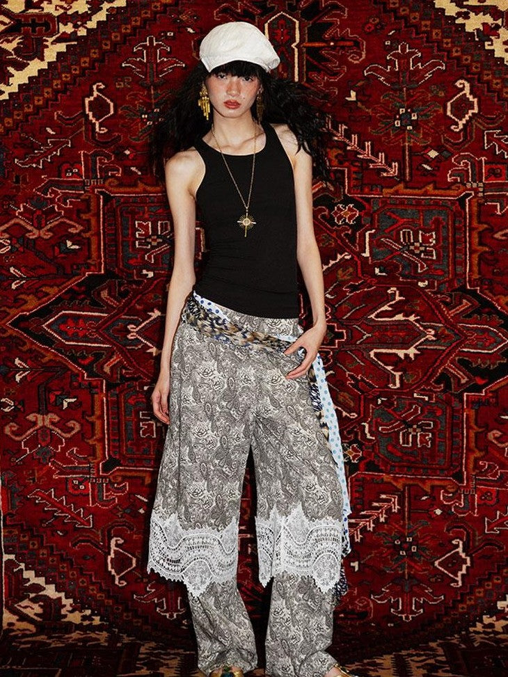 badtaste Vintage Paisley Patchwork Lace Faux Two Piece Women's Wide-leg Pants
