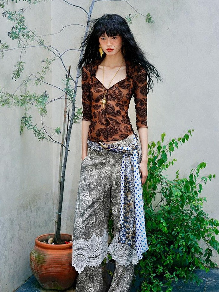 badtaste Vintage Paisley Patchwork Lace Faux Two Piece Women's Wide-leg Pants