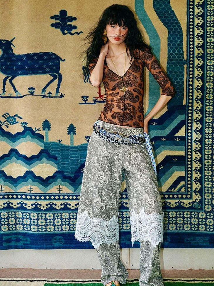 badtaste Vintage Paisley Patchwork Lace Faux Two Piece Women's Wide-leg Pants